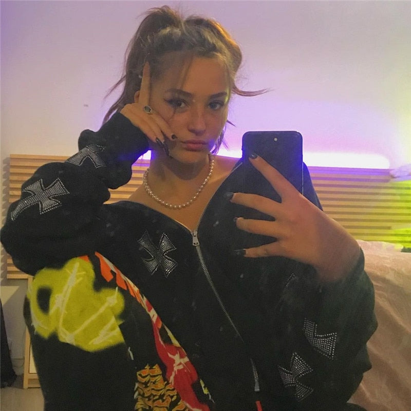 xakxx Hip Hop Sweatshirts Gothic Rhinestone Graphics Jogger Jacket Suit Y2K Long Sleeve Zip Up Oversized Men Punk Hoodie Coat Clothing