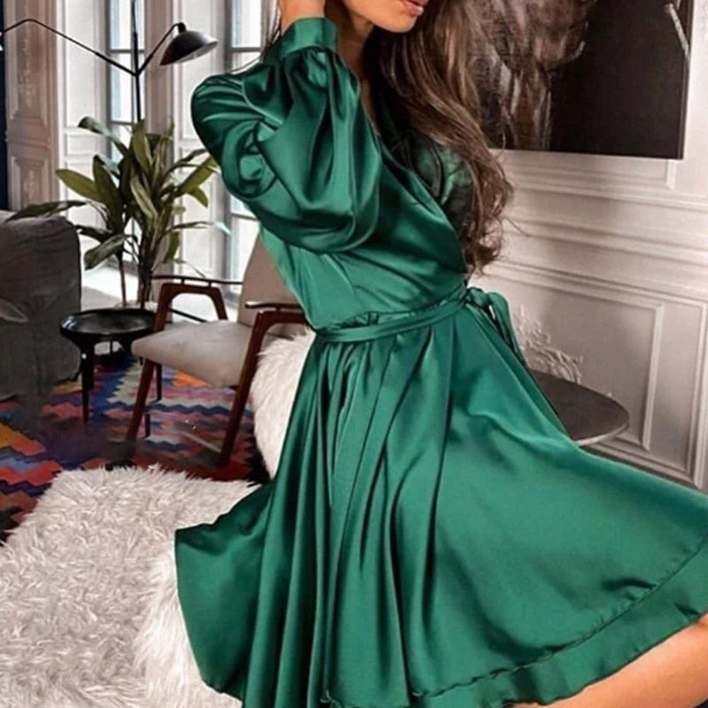 xakxx Sexy Satin Sashes A Line Mini Dress Lantern Sleeve Elegant Party Dress Spring Fashion Women's Clothing Streetwear Vestidos