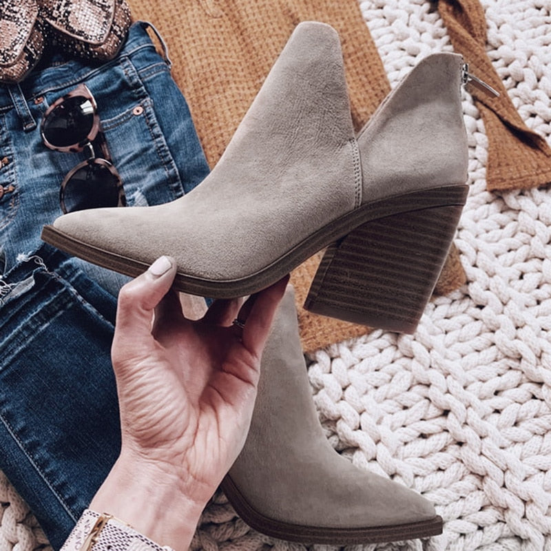xakxx Autumn Winter Women Ankle Boots Fashion Pointed Toe High Heels Zipper Boots Female Shoes Roman Pumps Booties Botas Mujer
