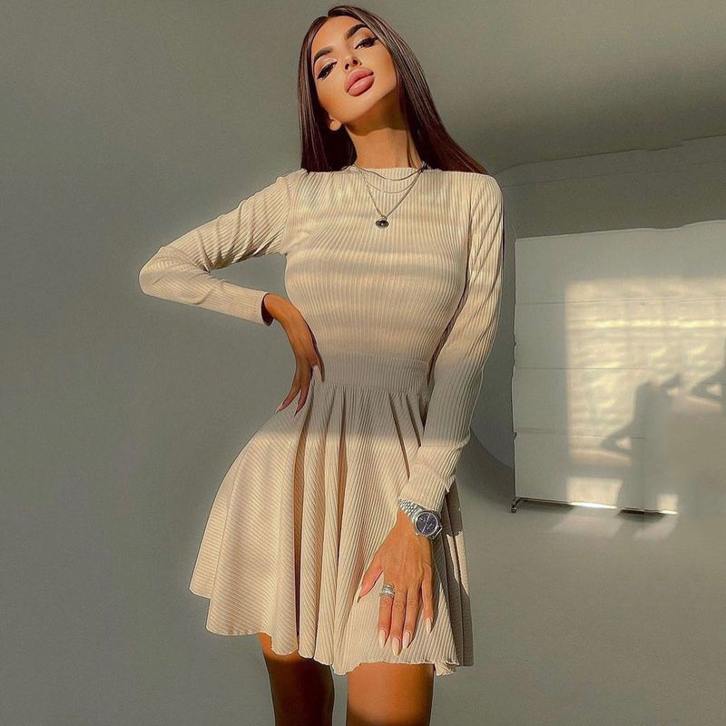 xakxx Spring Long Sleeve Solid Dress Girl A-line Pleated Skirt Prom Party Dance Clothes French Hollow Backless Dress for Women
