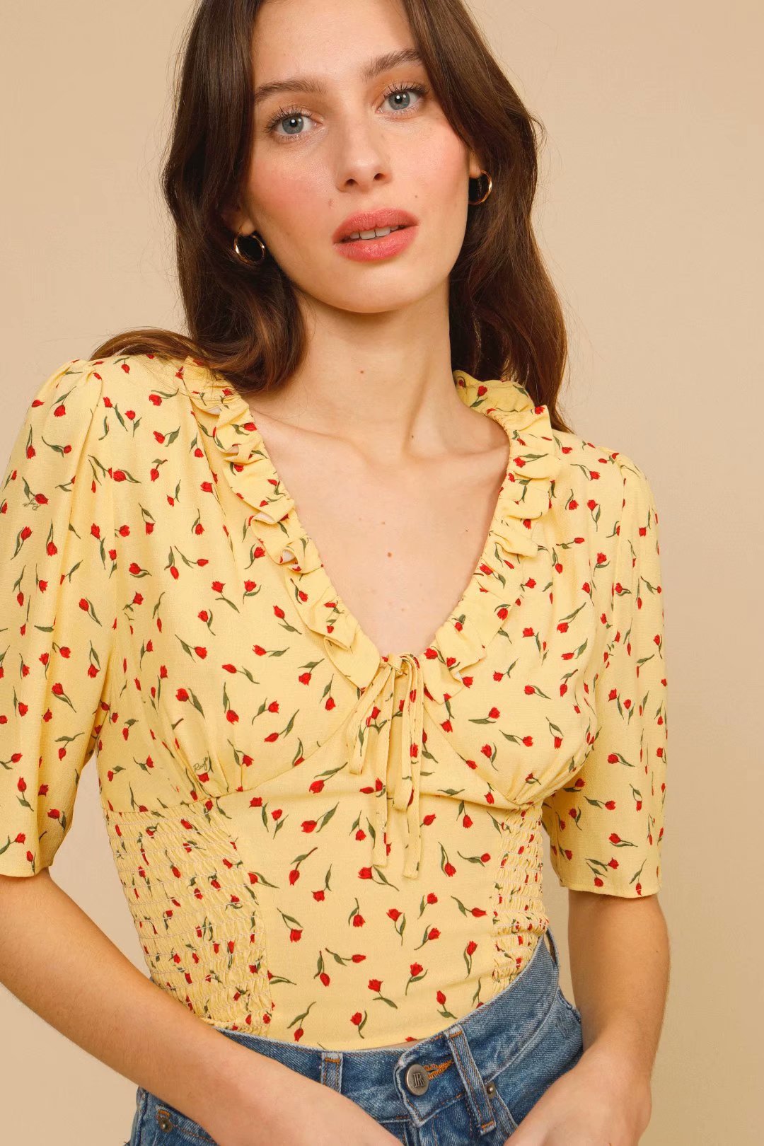 xakxx Ruffles Trim V-Neck Lace-Up Women Floral Blouse Ladies Spring Summer Short Sleeve Slim Pleated Short Shirt Tops