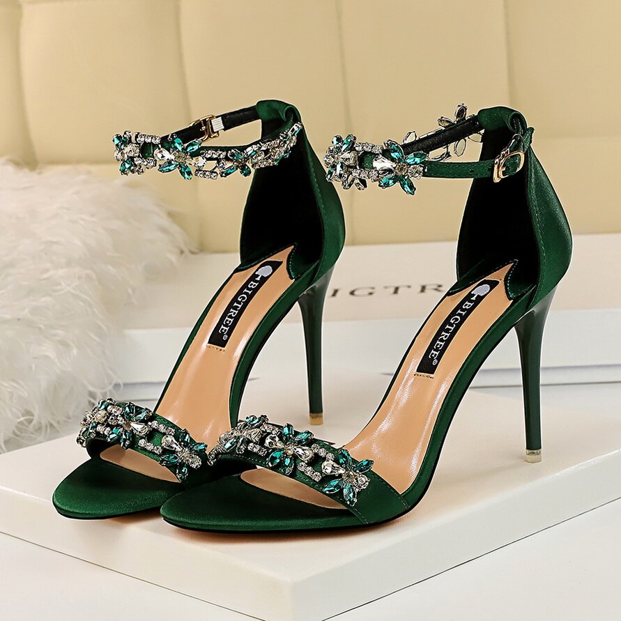 xakxx Women 9cm High Heels Crystal Sandals Wedding Bridal Stiletto Heels Sandles Glitter Prom Elegant Stripper Satin Strap Shoes