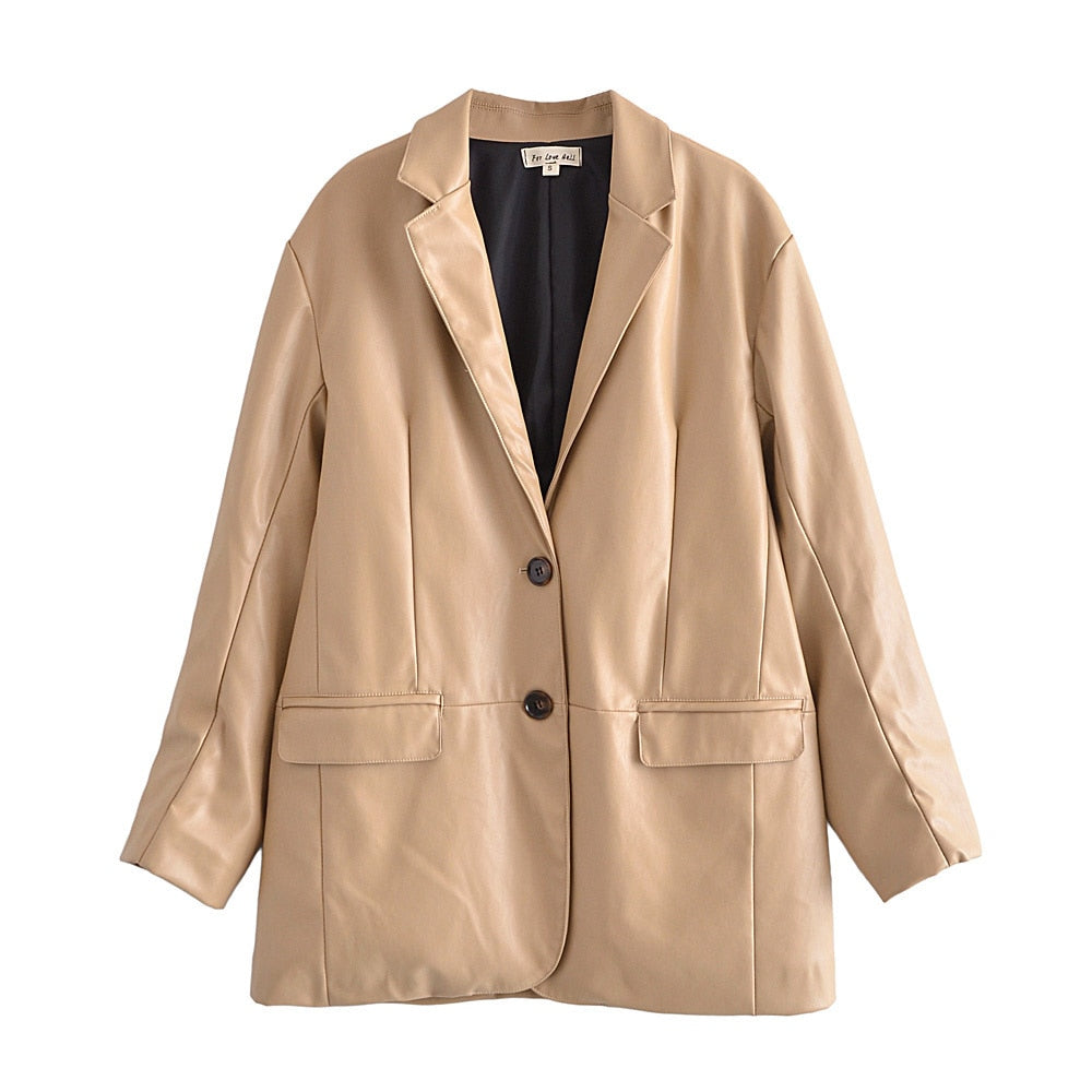 xakxx Long PU Faux Leather Blazers Women Leather Jacket Coat Brand New Women's Jackets Outerwear Ladies Coats Female Leather Suit