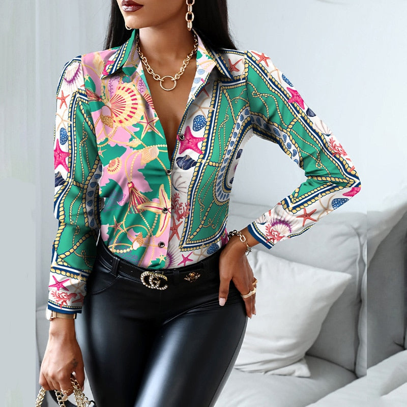xakxx Women Fashion Shirt Lady Long Sleeve Blouse Turn-Down Collarbutton Design Print Casual Shirts