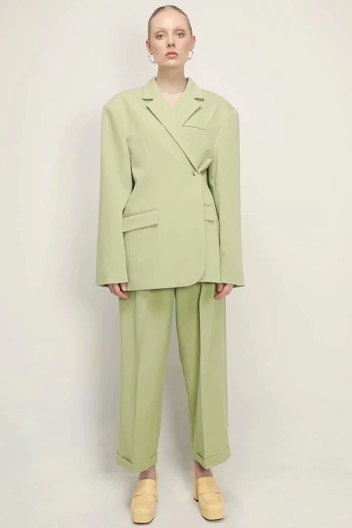 xakxx Women's Autumn Fashion Grass Green Blazer Ladies Chic Buttoned Top Retro Long Sleeve Lapel Casual Jacket