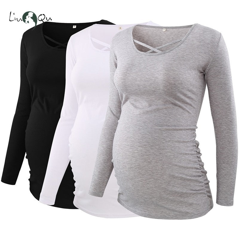 xakxx xakxx 1 Pack SAVE Mama Maternity Top Maternity Clothes Side Ruched O Neck Cross Long Sleeve Pregnancy Blouses Womens C