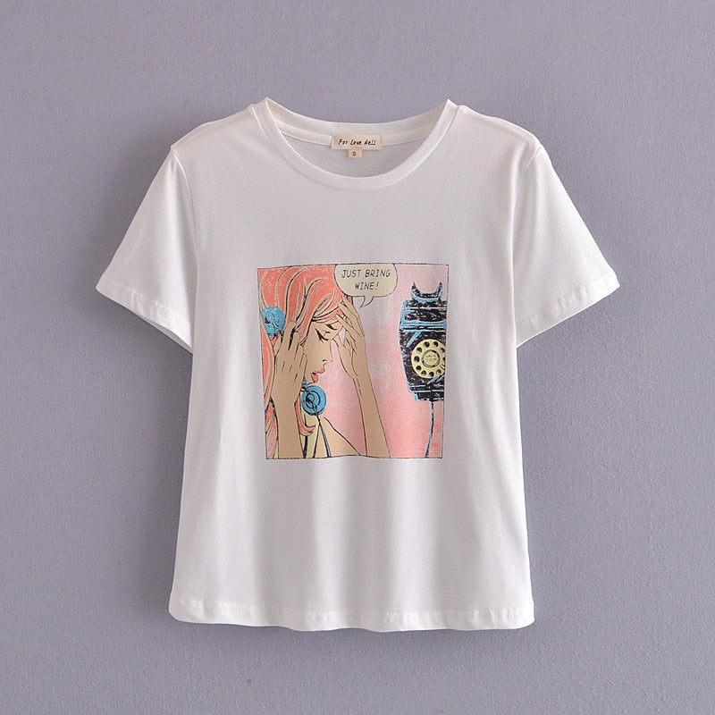xakxx Spring Summer Women Tee Sun Moon Casual Loose Short Sleeve White Tshirt Streetwear Top Ladies