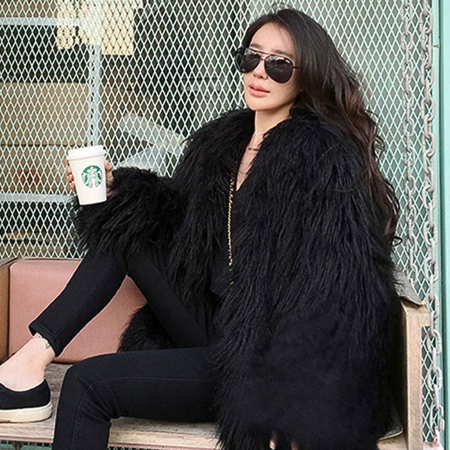 xakxx Winter Mongolia Sheep Fur Coat Women Warm Faux Fur Coats Fluffy Furry Wool Jacket Sexy Outerwear Ladies Fur Overcoat Outerwear