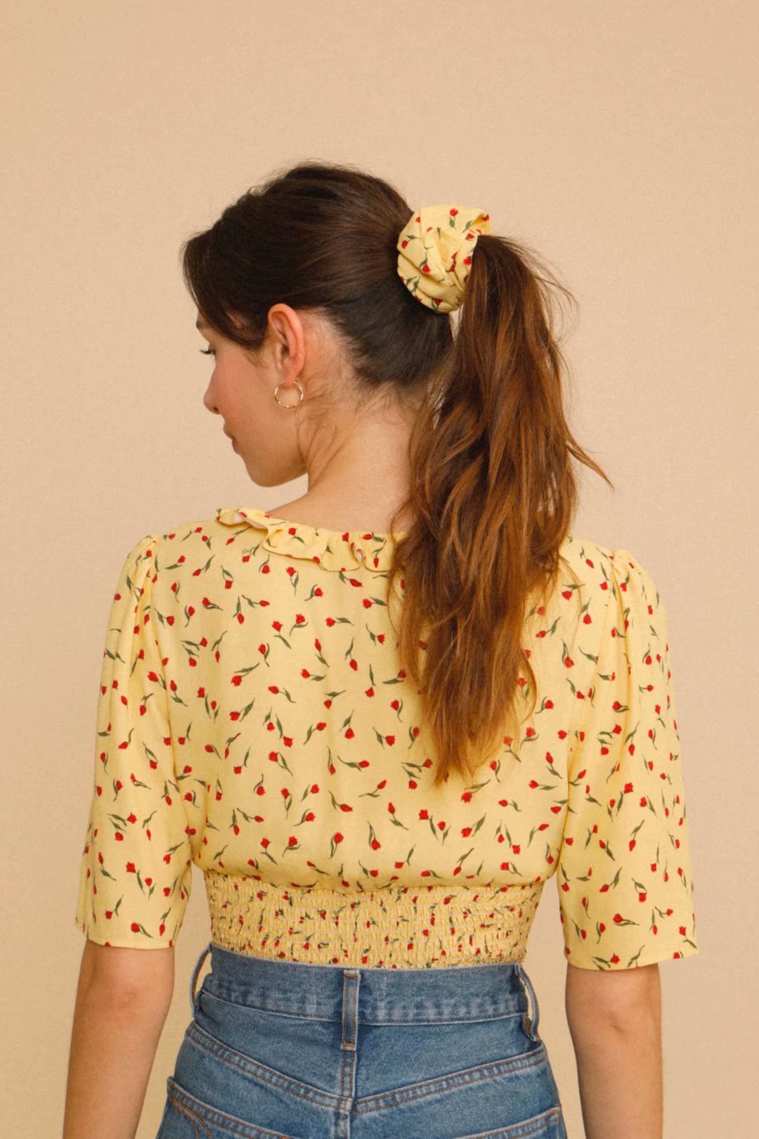 xakxx Ruffles Trim V-Neck Lace-Up Women Floral Blouse Ladies Spring Summer Short Sleeve Slim Pleated Short Shirt Tops