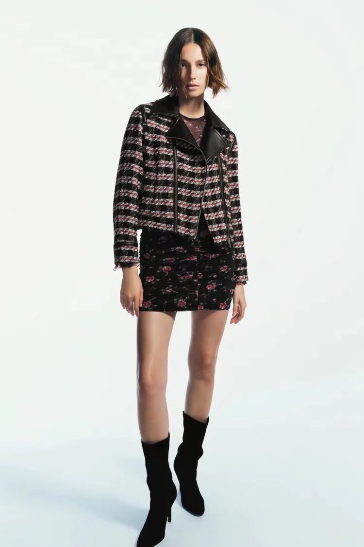 xakxx Vintage Knitted Tweed Panel Short Faux Leather Jacket Women Fashion Long Sleeve Leather Jackets Elegant PU Leather Coat