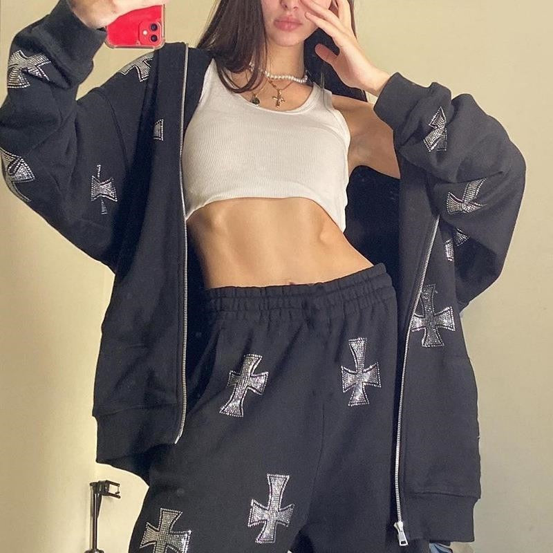 xakxx Hip Hop Sweatshirts Gothic Rhinestone Graphics Jogger Jacket Suit Y2K Long Sleeve Zip Up Oversized Men Punk Hoodie Coat Clothing