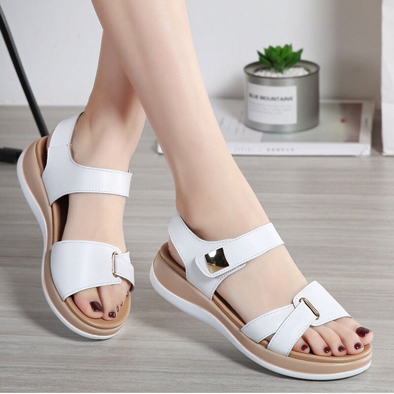 xakxx Women Female Ladies Mother Genuine Leather Shoes Sandals Flats Soft Hook Loop Korean Bling Summer Beach Size 35-40