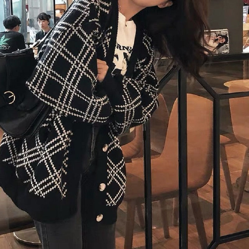 xakxx Korean Style Lazy Wind Knitted Cardigan Sweater Women Autumn Winter Oversize Plaid Jumper Black Long Sleeve Jacket Coat