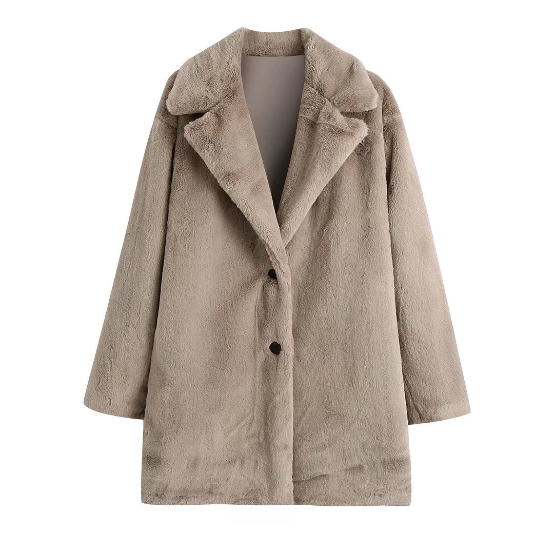 xakxx Women Faux Fur Long Coat Autumn Winter Plush Warm Soft Outerwear Elegant Slim-Fit Lapel Overcoat Casual Button Jacket