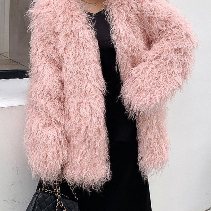 xakxx Winter Mongolia Sheep Fur Coat Women Warm Faux Fur Coats Fluffy Furry Wool Jacket Sexy Outerwear Ladies Fur Overcoat Outerwear