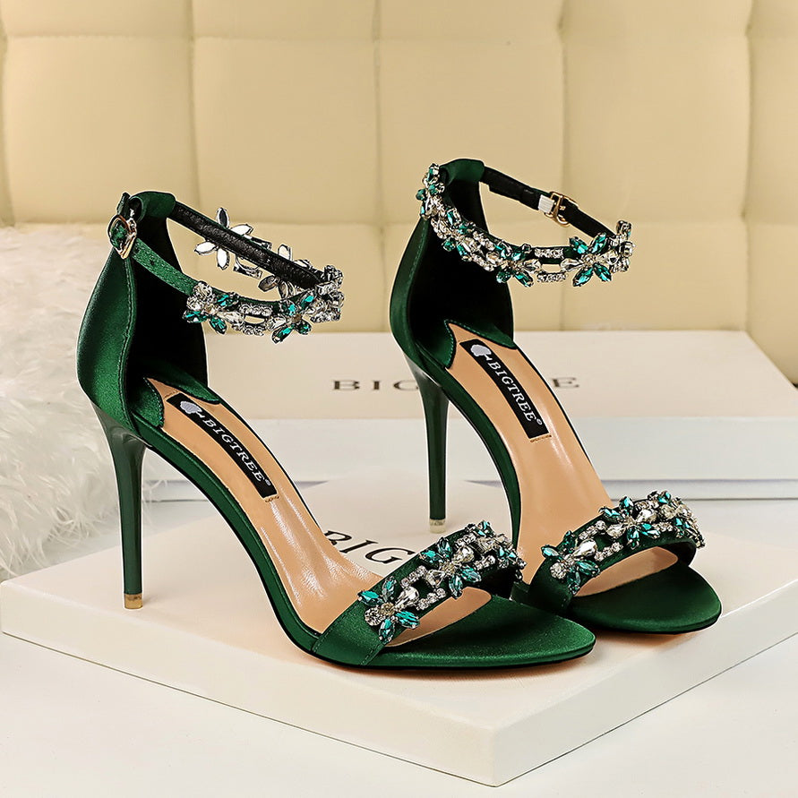 xakxx Women 9cm High Heels Crystal Sandals Wedding Bridal Stiletto Heels Sandles Glitter Prom Elegant Stripper Satin Strap Shoes