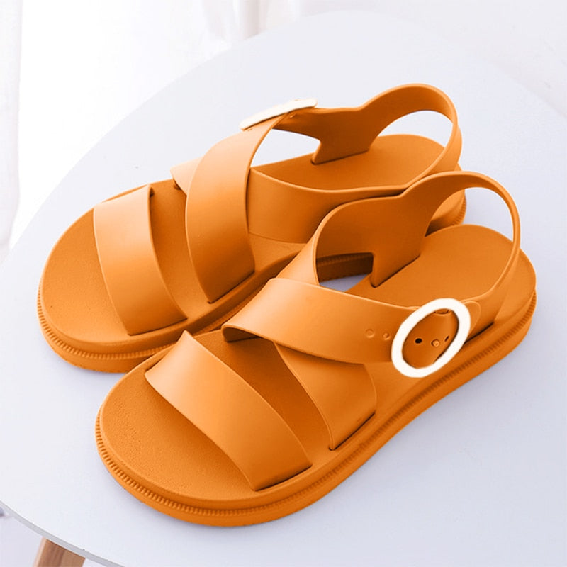xakxx Flat Sandals Women Shoes Gladiator Open Toe Buckle Soft Jelly Sandals Female Casual Women's Flat Platform Beach Shoes