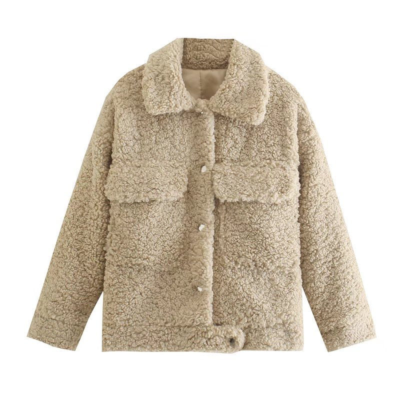 xakxx Winter New Fur Blend Coat Women Laple Loose Pocket Long Sleeve Warm Trick Fashion Coats Female