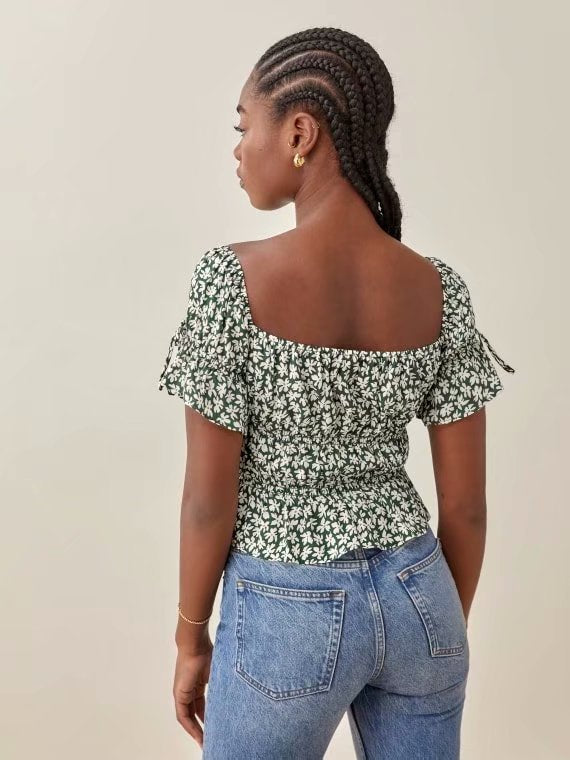 xakxx xakxx Chic Green Floral Print Ropa Mujer Vintage Ruffles Girl Summer Tops And Blouses Fashion Short Flare Sleeve Shirt Women Harajuku