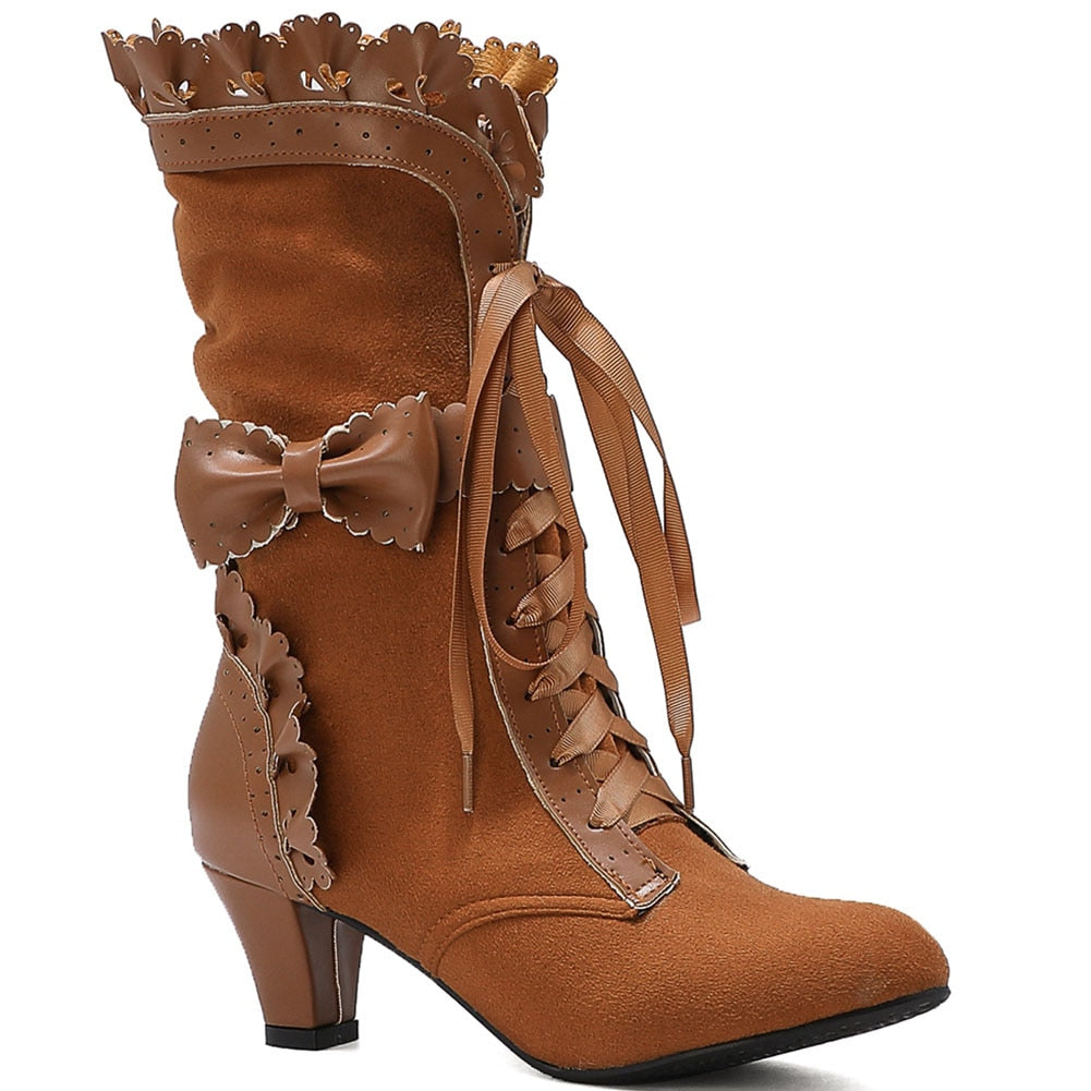 xakxx Halloween Brand New Big Size 43 Sweet Bowknot Ruffles Med Heels Shoelace Gothic Lolita Style Mid Calf Boots Women Shoes