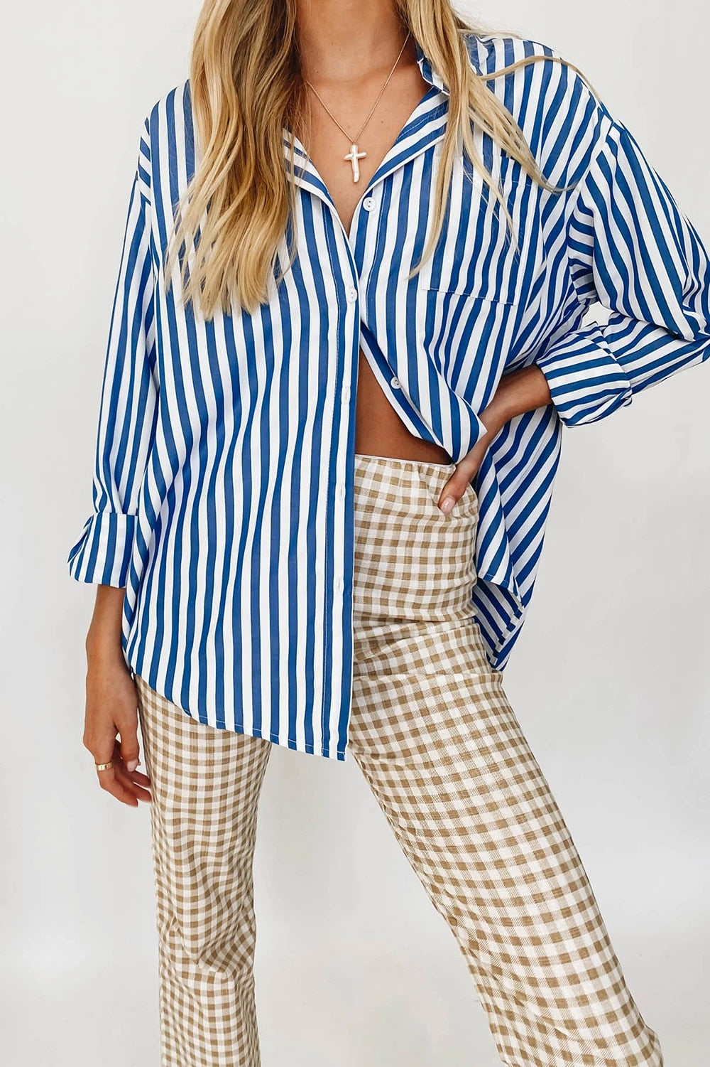 xakxx xakxx Stylish Women's Classic-Fit Long Sleeve Lightweight Button Down Shirt Vertical Stripes Oversize BF Style Top Blouses