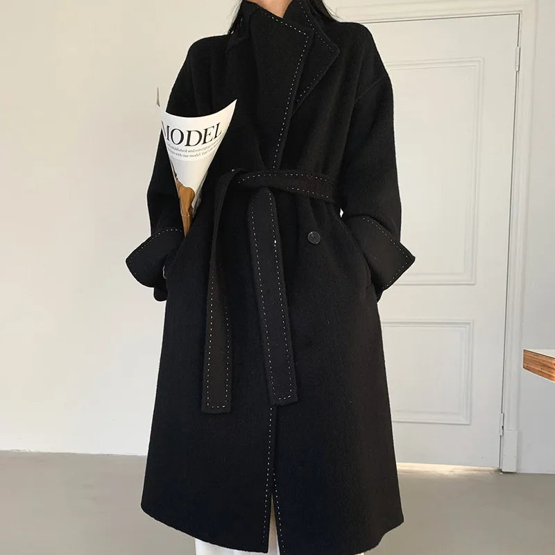xakxx-New Women Simple Arch Needle Doulbe-sided Wool Coat Loose Long Lapel Lace-up Fashion Woolen Jacket Warm Outerwear Autumn Winter