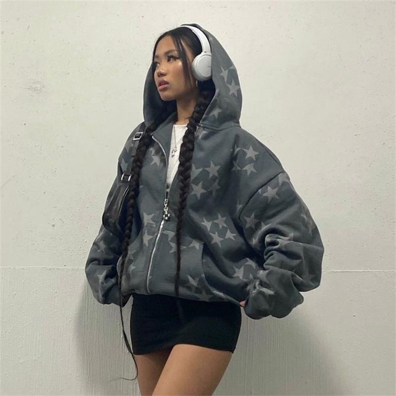 xakxx Vintage Star Pattern Hoodie Women Men Fairy Grunge Long Sleeve Zipper Jacket Harajuku Oversize Sweatshirt Streetwear Y2K Clothes