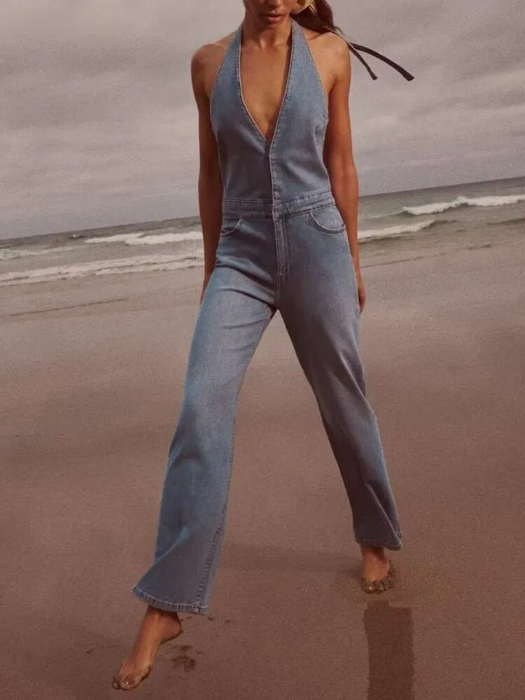xakxx xakxx - New women's clothing casual all-match Ruili sweet and sexy denim round neck jumpsuit