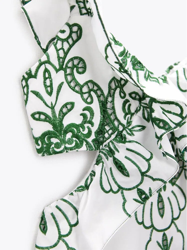 xakxx- New women's casual sexy V-neck halter tie green embroidery sleeveless layered dress 3152032