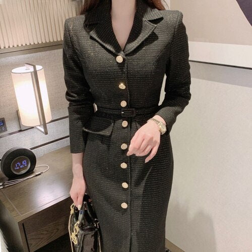 xakxx Women Beautiful Women Clothes Lace-up Waist Office Lady Ladies Tweed Dress Spring Sweet Notched Collar Slim Dresses