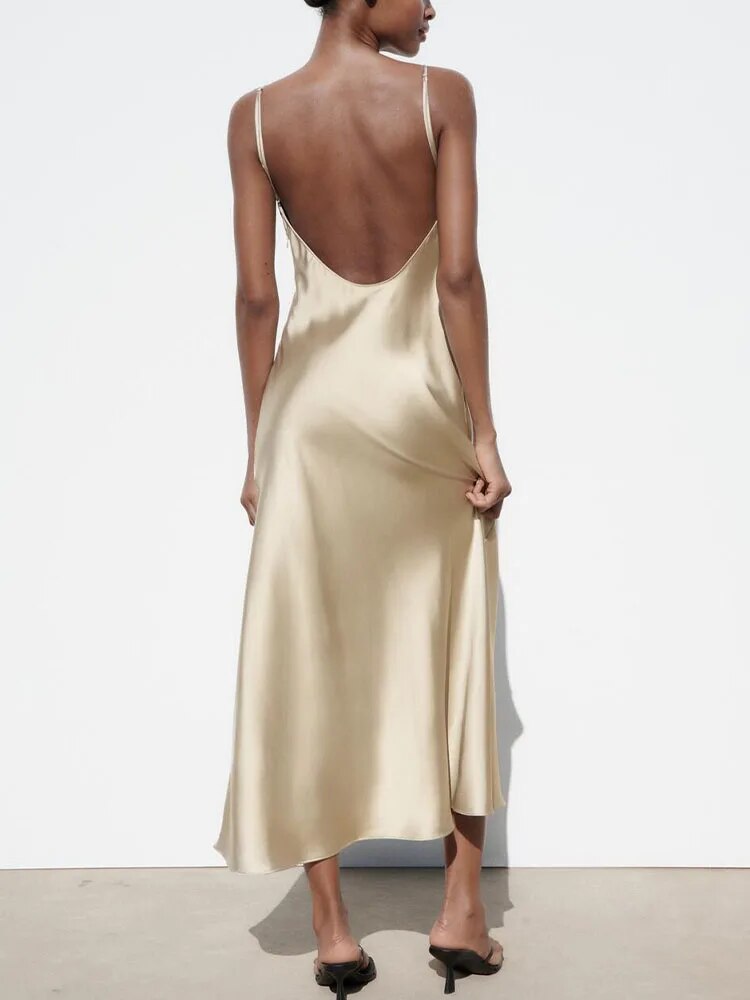 xakxx- New Women's Silk Satin Texture Underwear V Neck Adjustable Spaghetti Straps Open Back Side Seam Concealed Zipper Closure Dress