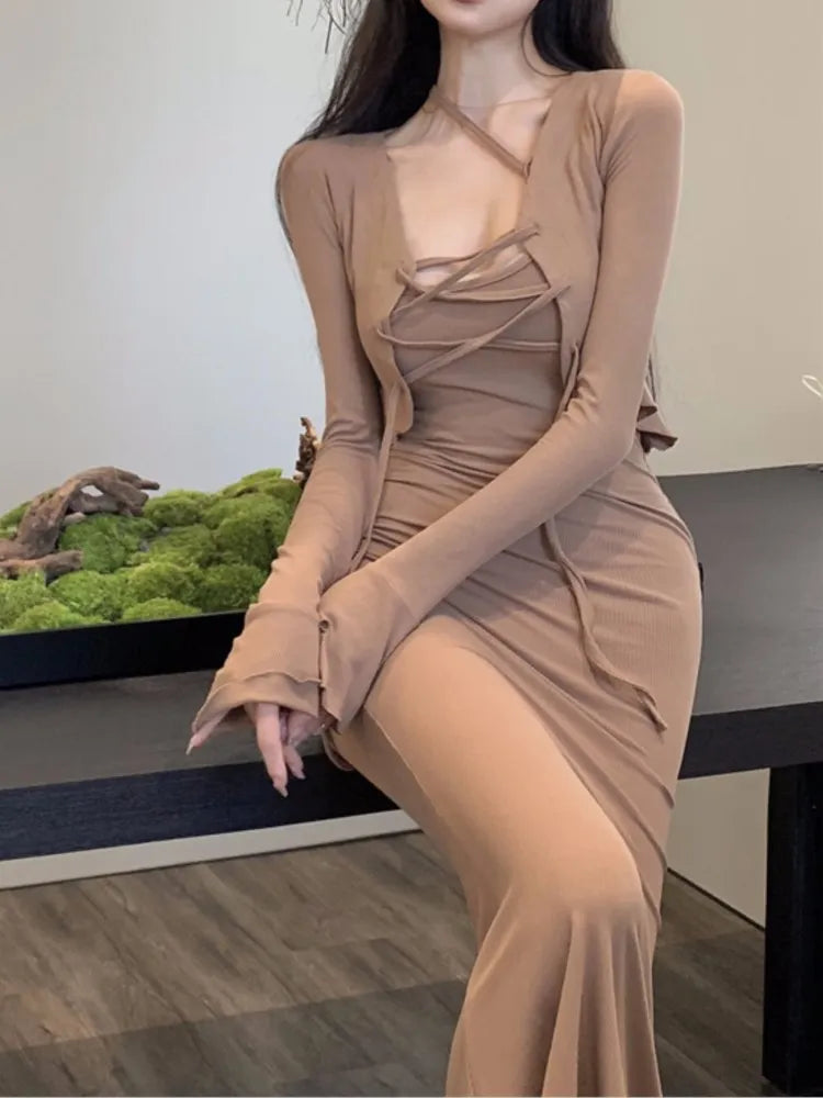 xakxx Spring Sexy Women Elegant Bodycon Dress Sets Slim Vintage Strap Party Vestidos Cardigans 2 Pieces Female Korean Fashion Outfits