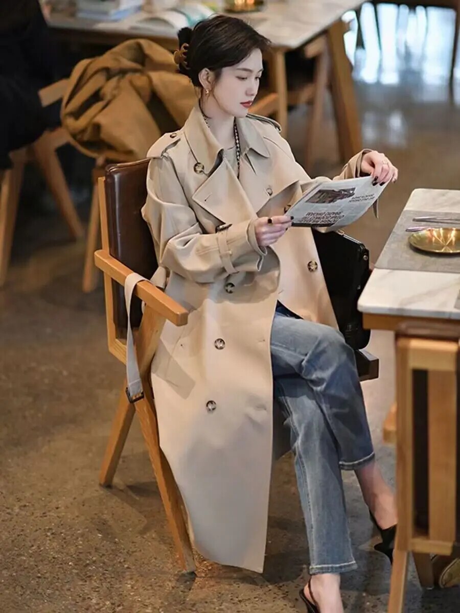 xakxx xakxx-Trench Coat Women Long Windbreaker Autumn Fashion Chic British Style Khaki Black Double Breasted Trench Coat For Women