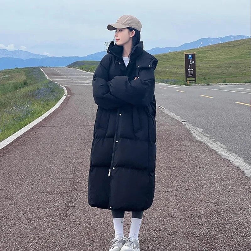 xakxx-Long Cotton Down Jacket Women Winter Thickened Loose Cotton Jacket For Women Blue Red White Black Khaki Plus Size 3XL