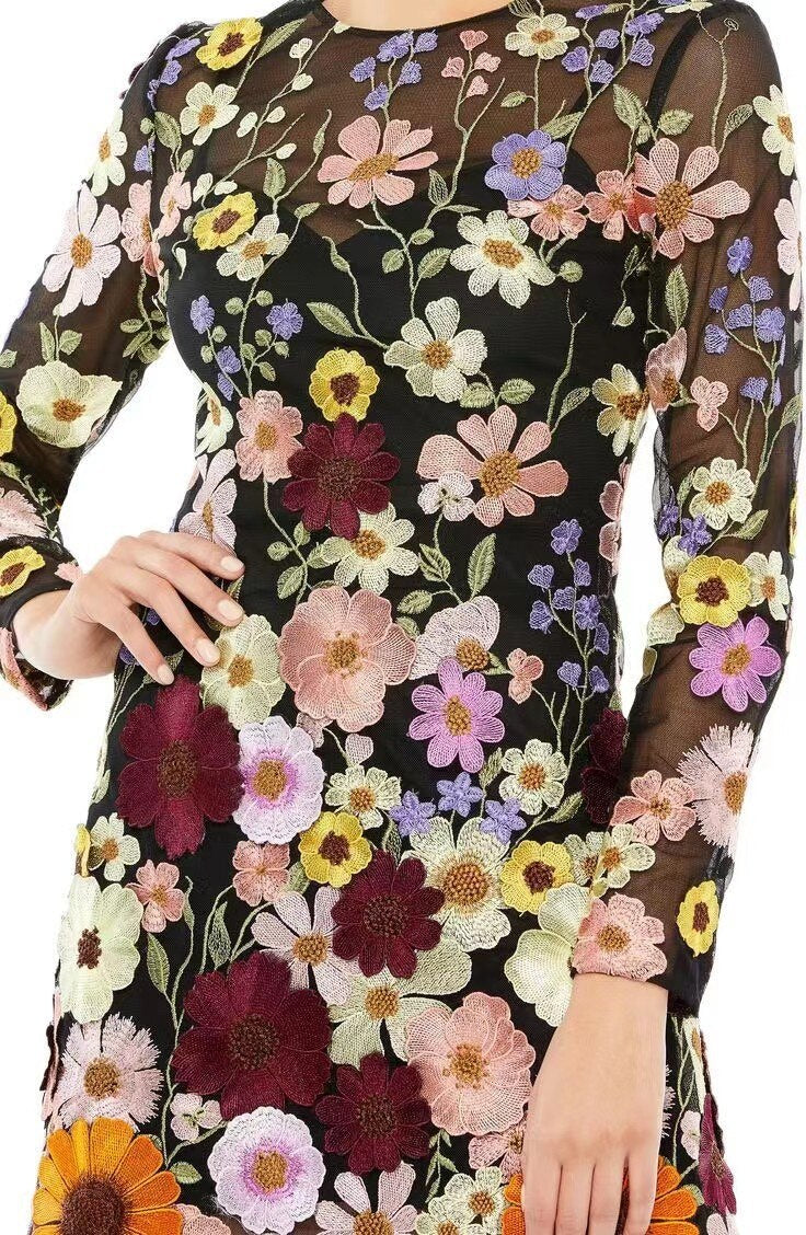 xakxx Spring Chic Female High-quality Party Dresses Fashion Flower Embroidery Mini Dress Women Elegant Long Sleeve Applique Vestidos