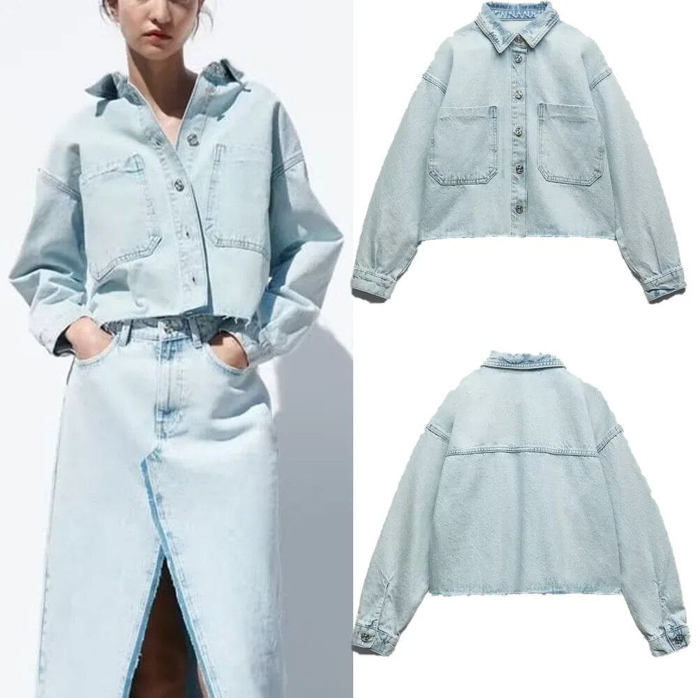 xakxx- New Women's Clothes Temperament Fashionable Casual Front Metal Button Closure Cropped Denim Jacket Outerwear