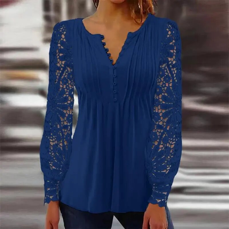xakxx- Sexy Lace Blouses Women V Neck Hollow Out Long Sleeve Pleated Button Tops Female New Clothes Large Shirts