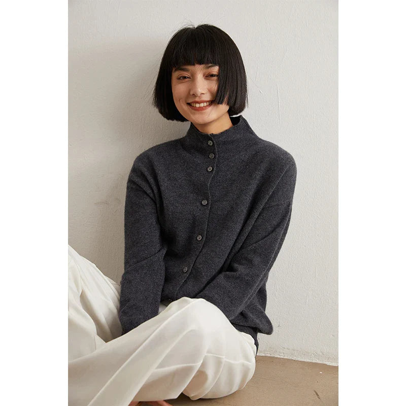 xakxx xakxx-Wool cardigan women's semi-high-necked solid color long-sleeved cashmere coat is slim and versatile knitted sweater.
