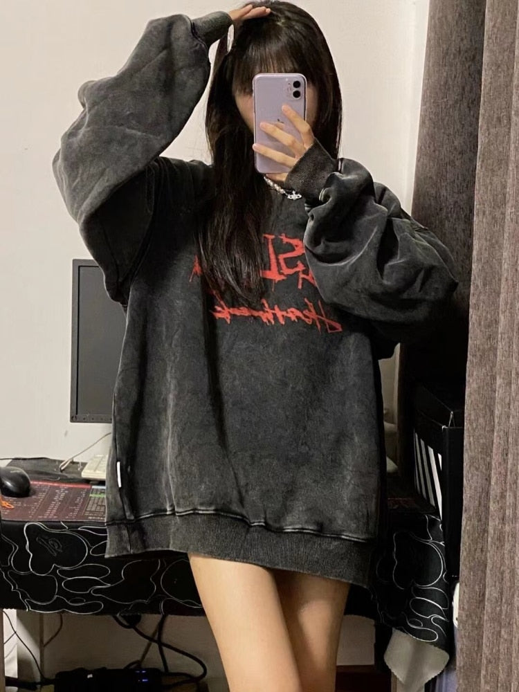xakxx Emo Gothic Print Oversized Sweatshirts Women Harajuku Vintage Loose Hoodies Long Sleeve Crewneck Pullovers Female Tops