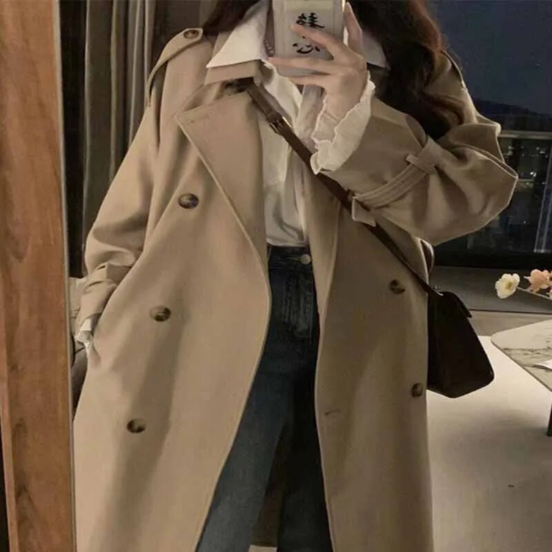 xakxx xakxx-Khaki Trench Coat Women Long Windbreaker Autumn Fashion Chic British Style Double Breasted Trench Coat For Women Plus Size