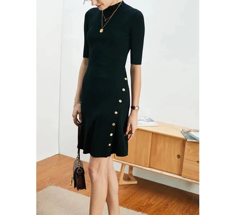xakxx xakxx Summer Women Crew Neck Metalic Button Side Black Knited Mini Dress Office Lady Black Robe High Quality