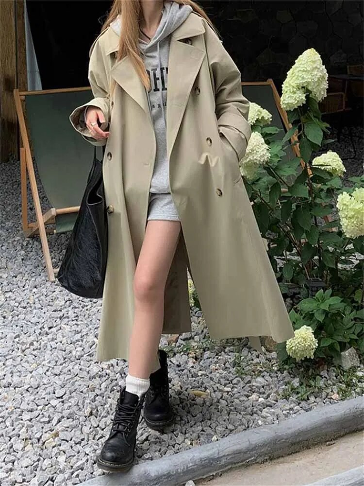 xakxx xakxx-Khaki Long Windbreaker Trench Coat Women Autumn Fashion Chic British Style Double Breasted Trench Coat For Women Plus Size