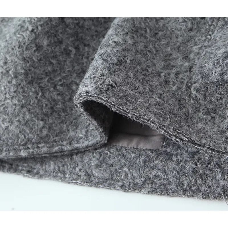 xakxx- Vintage Women Gray Cropped Woolen Jacket Long Sleeve Pockets Female Autumn Winter Short Coat