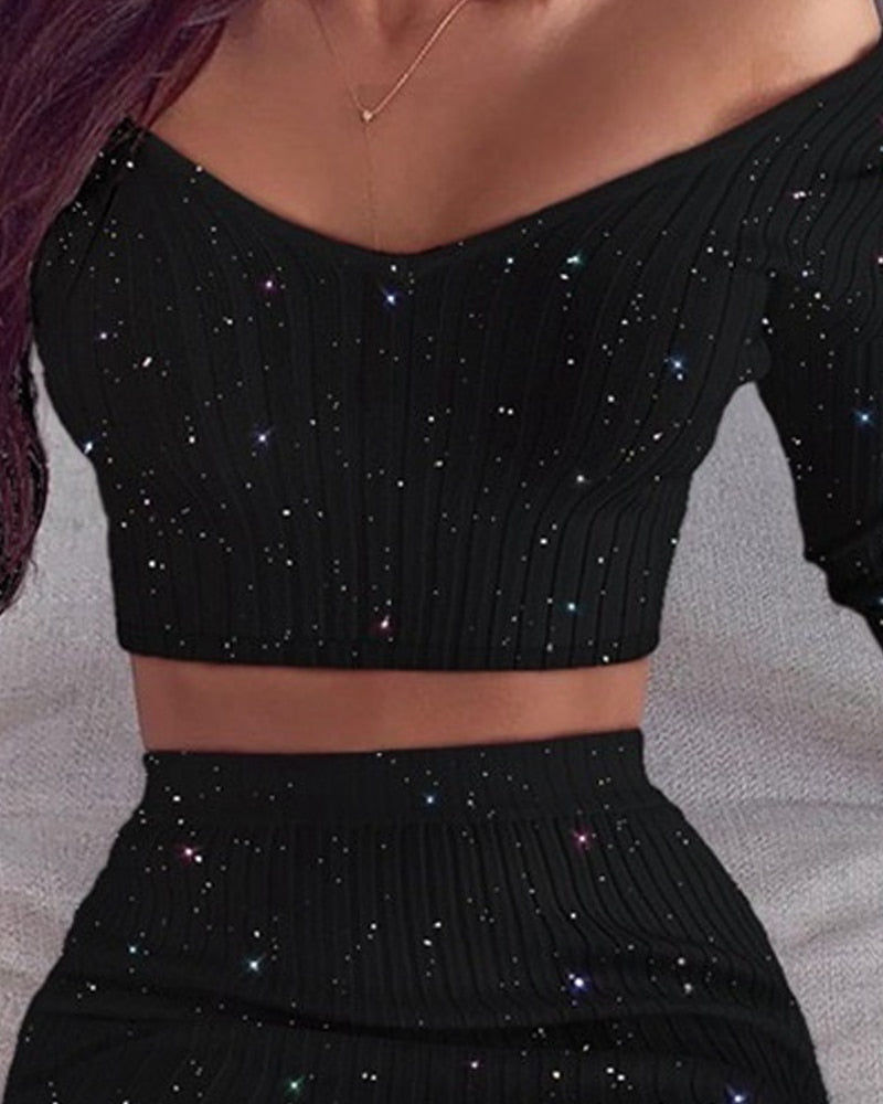 xakxx Back to School Spring Fashion Women Sexy Casual Two-Piece Set Suit Sets Bodycon Dress Glitter Off Shoulder Crop Top & Skirt Sets