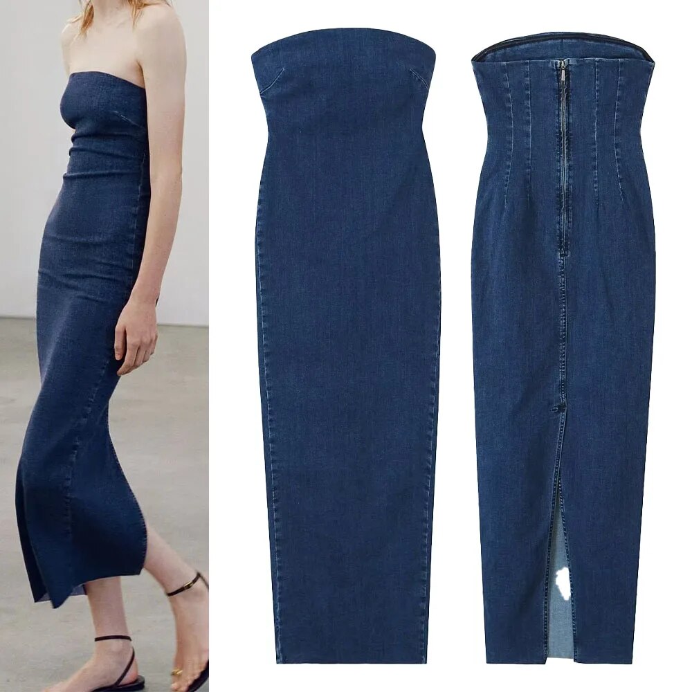 xakxx- New women's clothing temperament fashion casual one-neck tube top slim fit raw edge slit denim dress