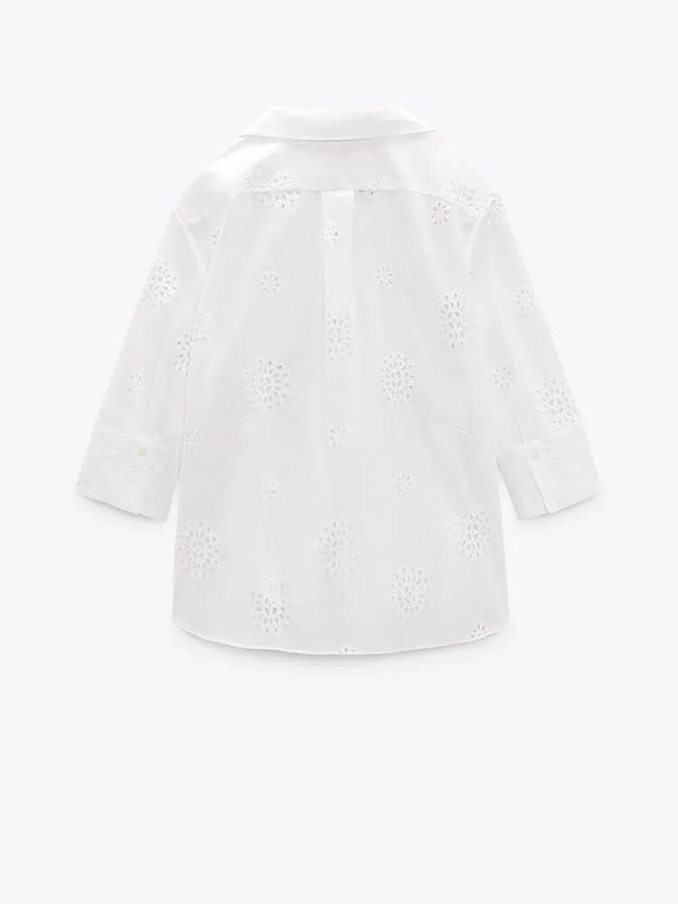 xakxx xakxx- New Women's Side Split Asymmetric Hem Front breasted Closed Cut Out Embroidery Shirt