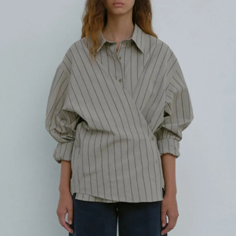 xakxx xakxx New Autumn Female Clothing Casual Loose Irregular Stripe Long Sleeve Shirt Women's Blouse
