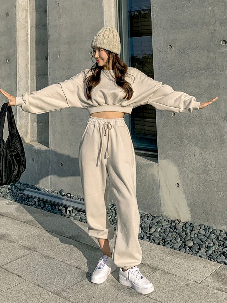 xakxx Women Pullover Hoodies Sweatshirts Suit Winter Spring Solid Casual Tracksuit Fleece 2 Pieces Set Sweatpants Quality Outfits