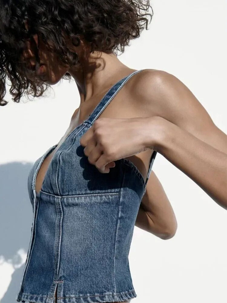 xakxx xakxx - new casual hundred with Ruili thin halter tight sexy heart-shaped collar straps button decorated undershirt denim tops