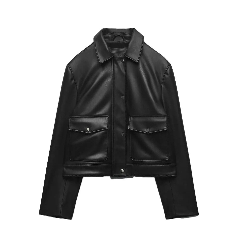 xakxx- spring new women's black loose casual hundred sexy Riley retro lapel temperament imitation leather jacket jacket